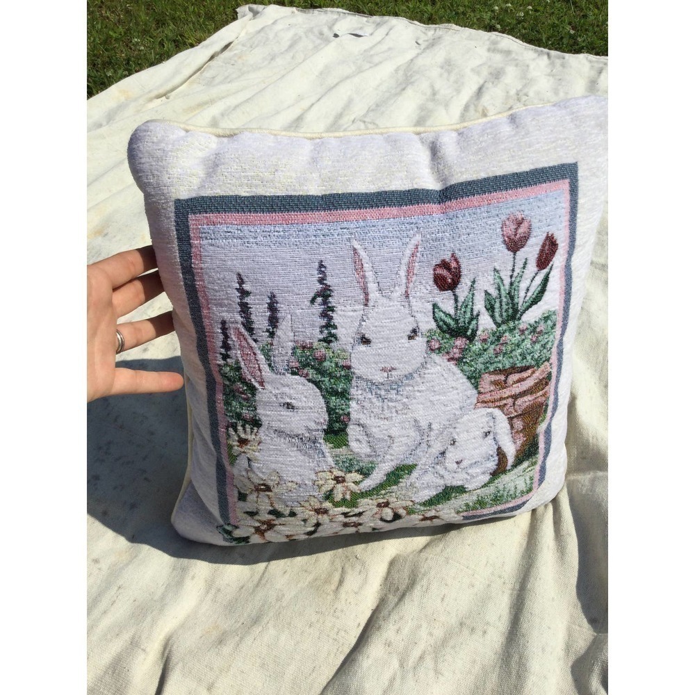 Bunny tapestry accent pillow French Country white rabbit floral tulip spring